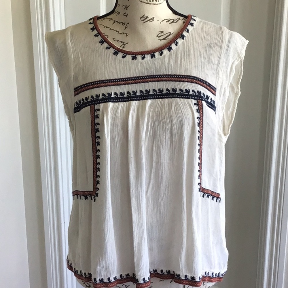 Vanilla Star Embroidered with blue & rust detail sleeve Top Blouse Sz M